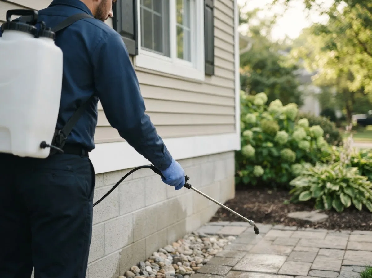 Pest control technician inspecting a home in Bonnie, IL
